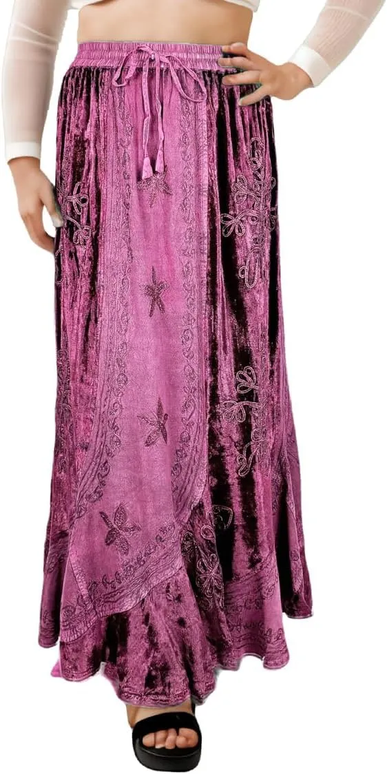 Agan Traders Women's 2025 Summer Winter Rayon Velvet Vintage Boho Embroidered High Waist Maxi Skirt - Long Skirts for Women