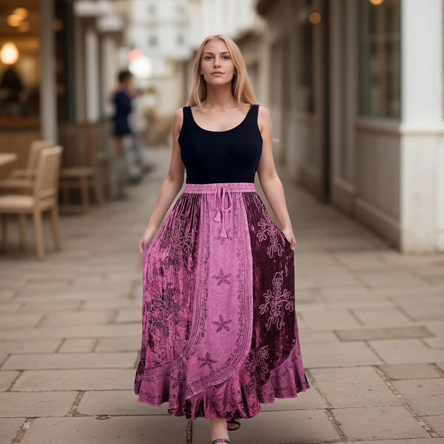 Agan Traders Women's 2025 Summer Winter Rayon Velvet Vintage Boho Embroidered High Waist Maxi Skirt - Long Skirts for Women