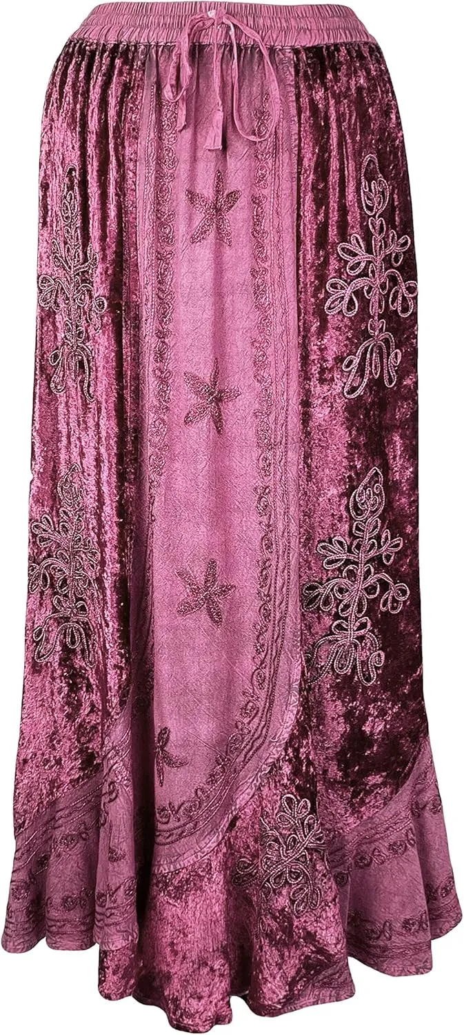 Agan Traders Women's 2025 Summer Winter Rayon Velvet Vintage Boho Embroidered High Waist Maxi Skirt - Long Skirts for Women