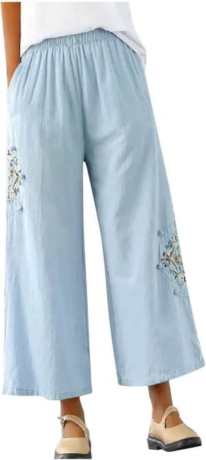 Casual Women's Linen Pants Summer Palazzo High Waisted Pants Wide Leg Slacks Beach Comfy Long Trousers with Pockets