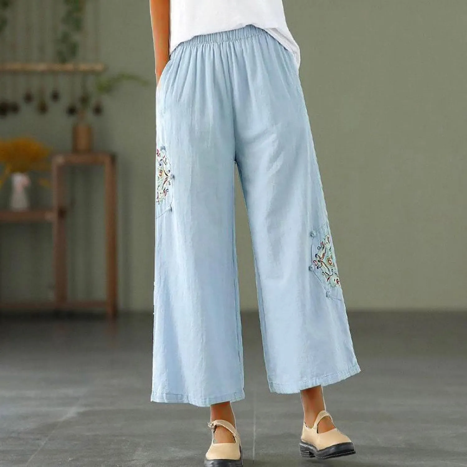 Casual Women's Linen Pants Summer Palazzo High Waisted Pants Wide Leg Slacks Beach Comfy Long Trousers with Pockets