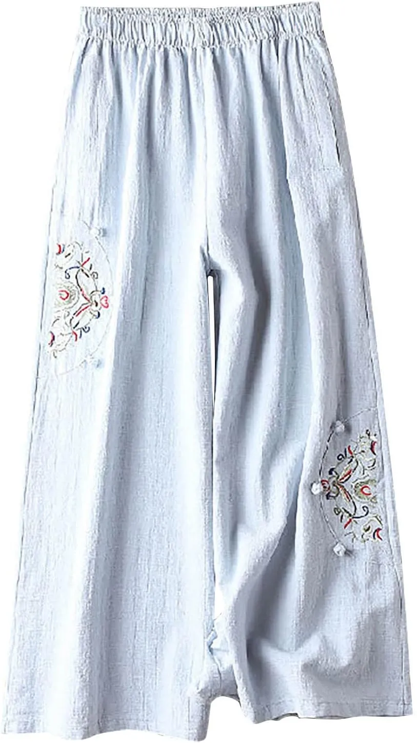 Casual Women's Linen Pants Summer Palazzo High Waisted Pants Wide Leg Slacks Beach Comfy Long Trousers with Pockets
