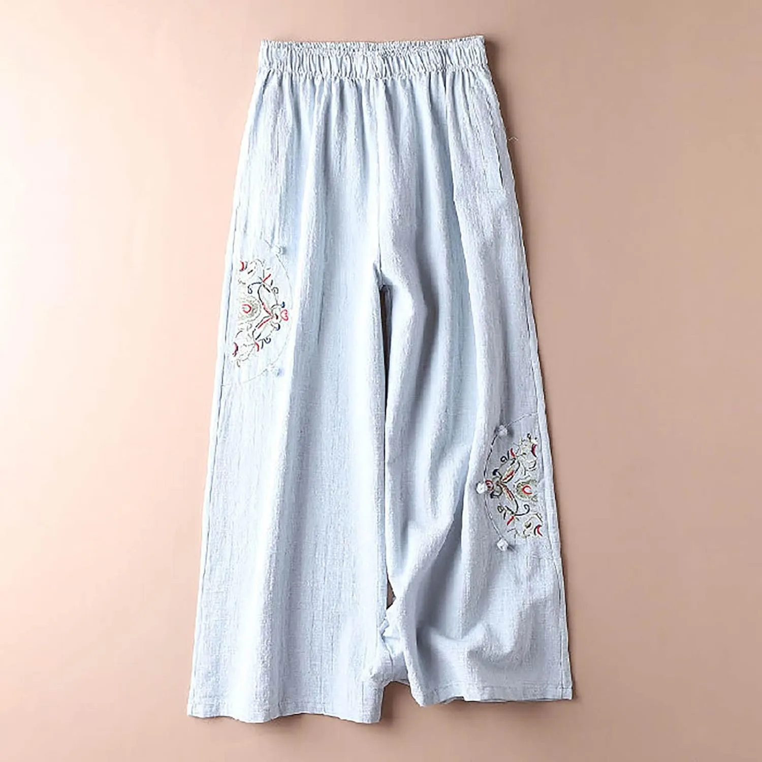 Casual Women's Linen Pants Summer Palazzo High Waisted Pants Wide Leg Slacks Beach Comfy Long Trousers with Pockets