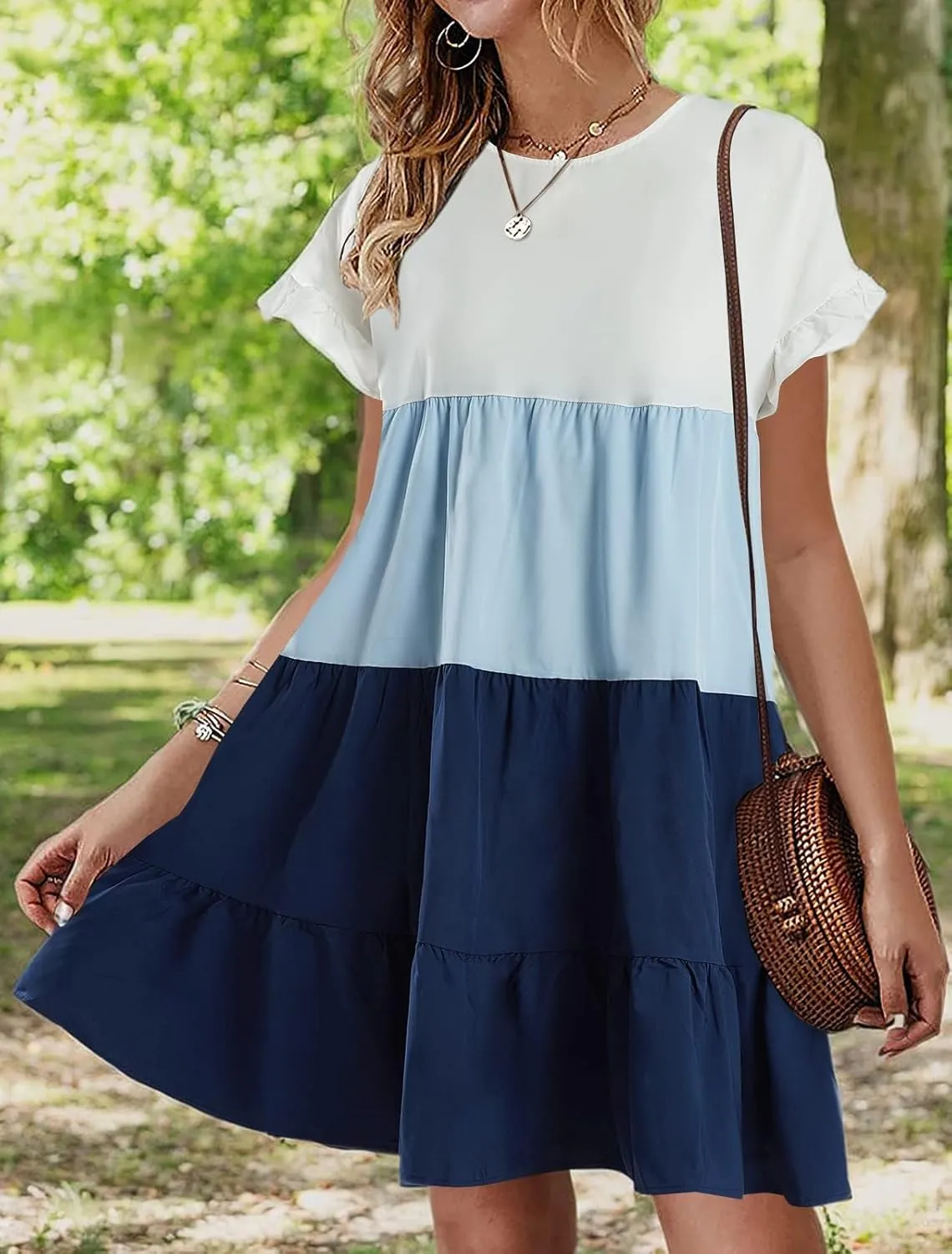 Chuanqi Womens Ruffles Boho Floral Printed Babydoll Loose Swing Casual Short Mini T-Shirt Dress
