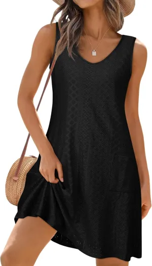 elescat Sundresses for Women Summer Beach V Neck Sleeveless Dress Swimsuit Coverup with Pockets