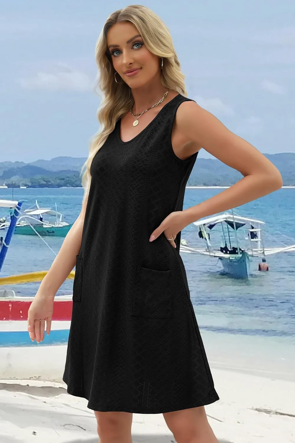 elescat Sundresses for Women Summer Beach V Neck Sleeveless Dress Swimsuit Coverup with Pockets