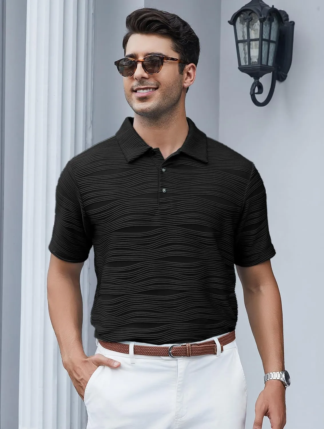 Esabel.C Men's Zipper Polo Shirts Textured Knit Short Sleeve Ribbed Stretchy Polo Shirts for Men