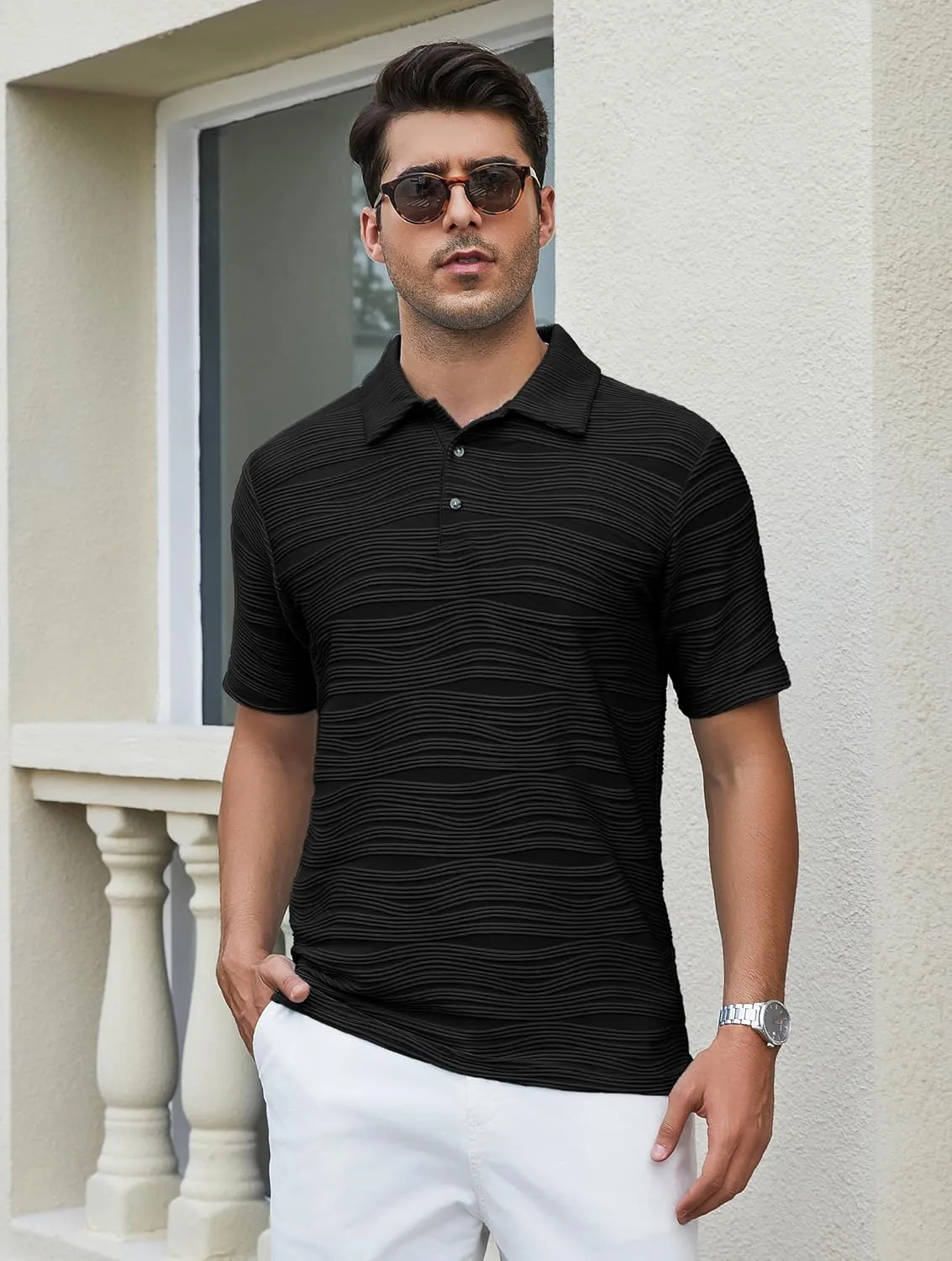 Esabel.C Men's Zipper Polo Shirts Textured Knit Short Sleeve Ribbed Stretchy Polo Shirts for Men