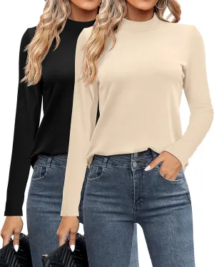 Ficerd 2 Pack Women's Mock Neck Shirts, Long Sleeve Turtleneck Tops Casual Comfy T Shirts Stretch Fitting Trendy Tee