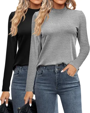 Ficerd 2 Pack Women's Mock Neck Shirts, Long Sleeve Turtleneck Tops Casual Comfy T Shirts Stretch Fitting Trendy Tee