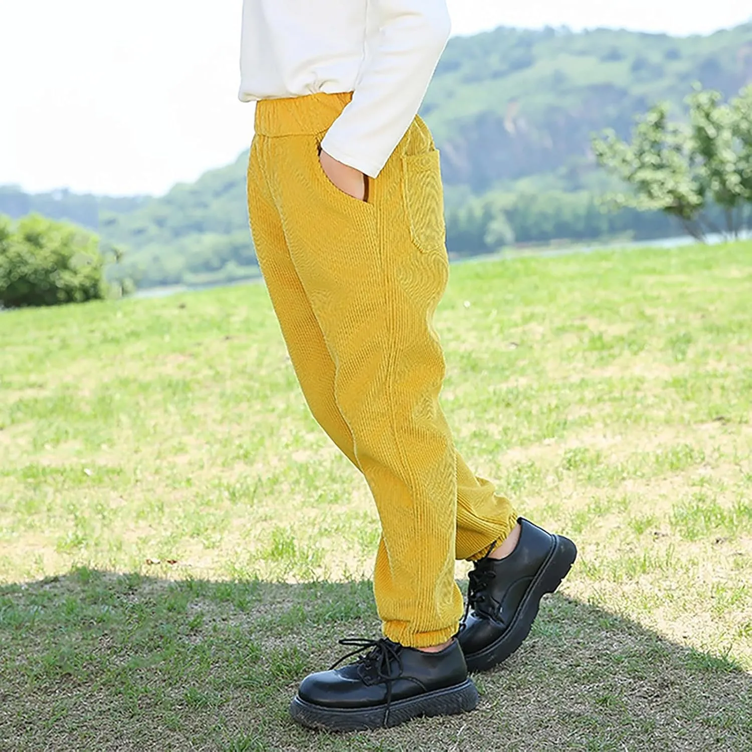 Kids Boys Girls Corduroy Pants Pull on Joggers Baggy Sweatpants Solid Elastic Waist Trousers Loung School Pants