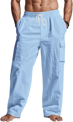 Linen Pants Men Drawstring Elastic Waist Relaxed Fit Cargo Pants Lightweight Travel Yoga Beach Trousers ith Pockets