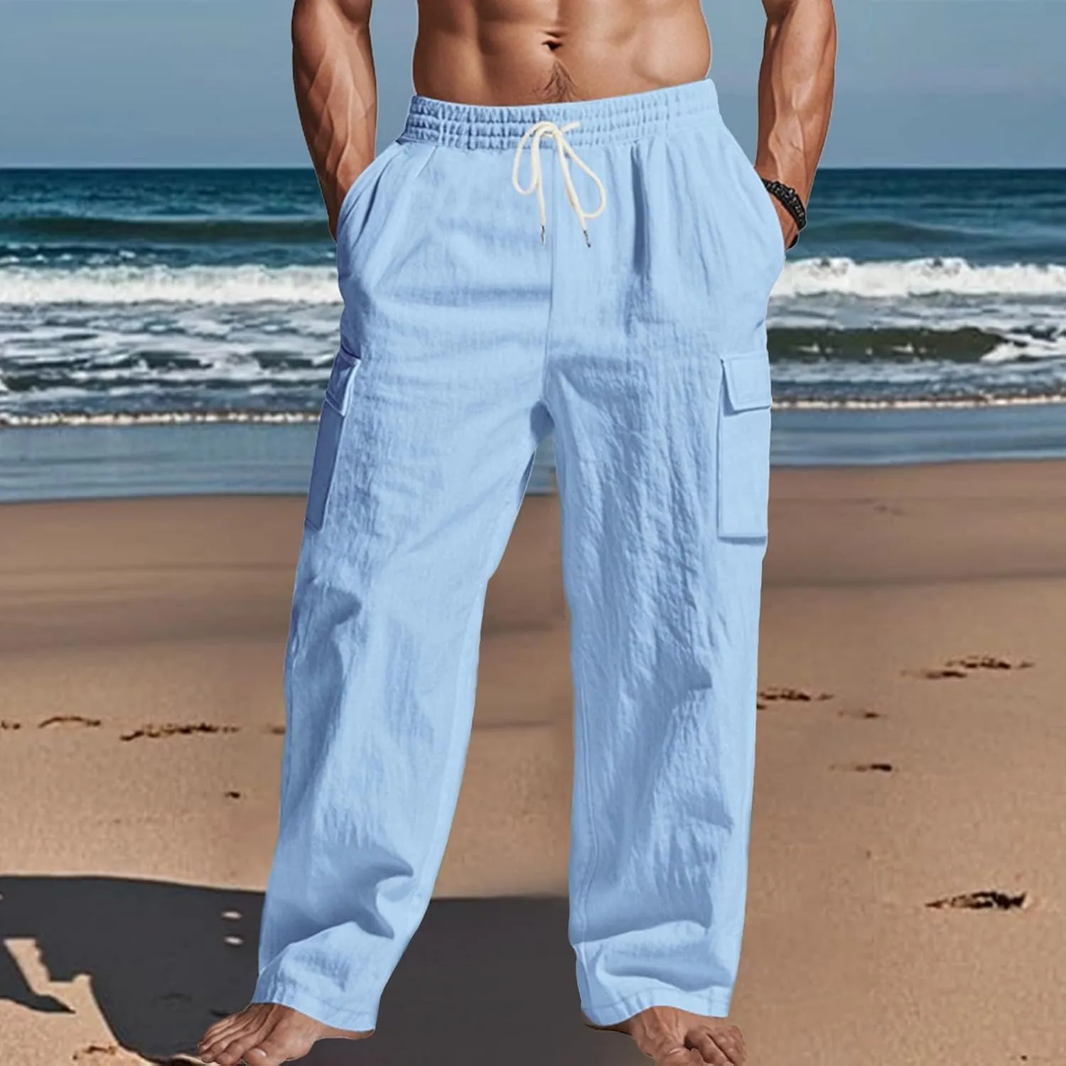 Linen Pants Men Drawstring Elastic Waist Relaxed Fit Cargo Pants Lightweight Travel Yoga Beach Trousers ith Pockets