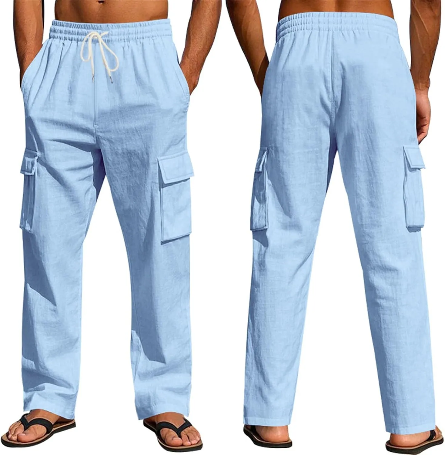 Linen Pants Men Drawstring Elastic Waist Relaxed Fit Cargo Pants Lightweight Travel Yoga Beach Trousers ith Pockets