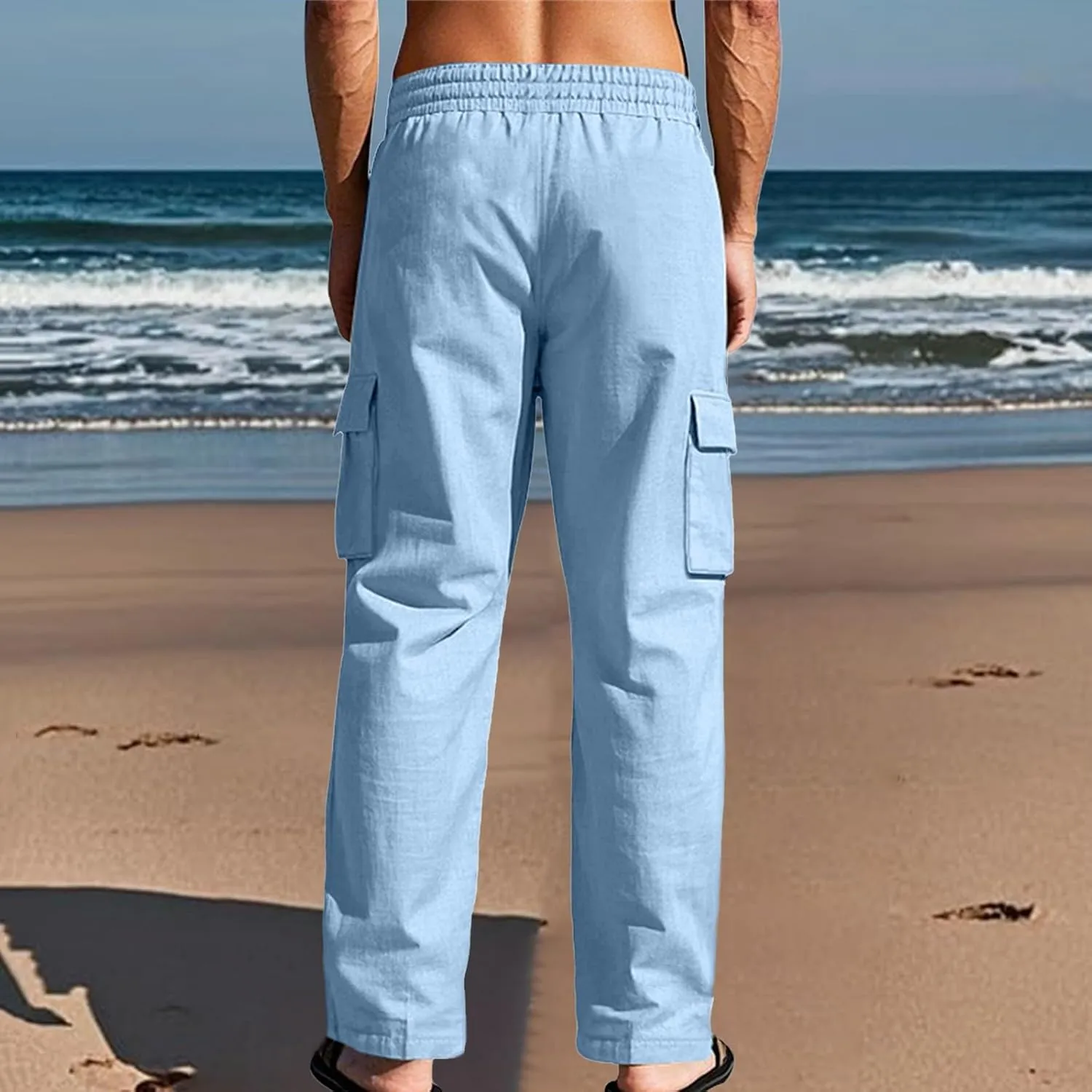 Linen Pants Men Drawstring Elastic Waist Relaxed Fit Cargo Pants Lightweight Travel Yoga Beach Trousers ith Pockets