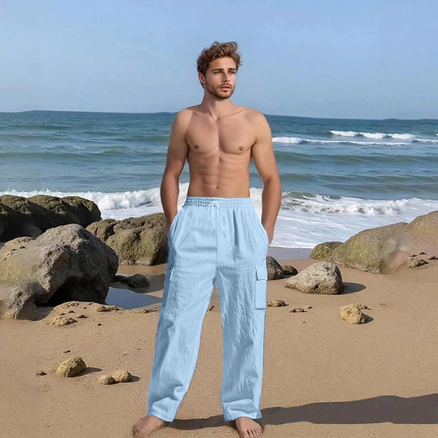 Linen Pants Men Drawstring Elastic Waist Relaxed Fit Cargo Pants Lightweight Travel Yoga Beach Trousers ith Pockets