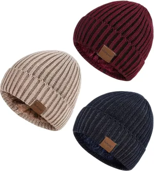 Nertpow Mens Beanie Hats 3 Pack, Winter Hats for Men Women Warm Thermal Fleece Lined, Thick Knit Fashion Skull Cap Cuffed Beanie for Guys (Color-04)
