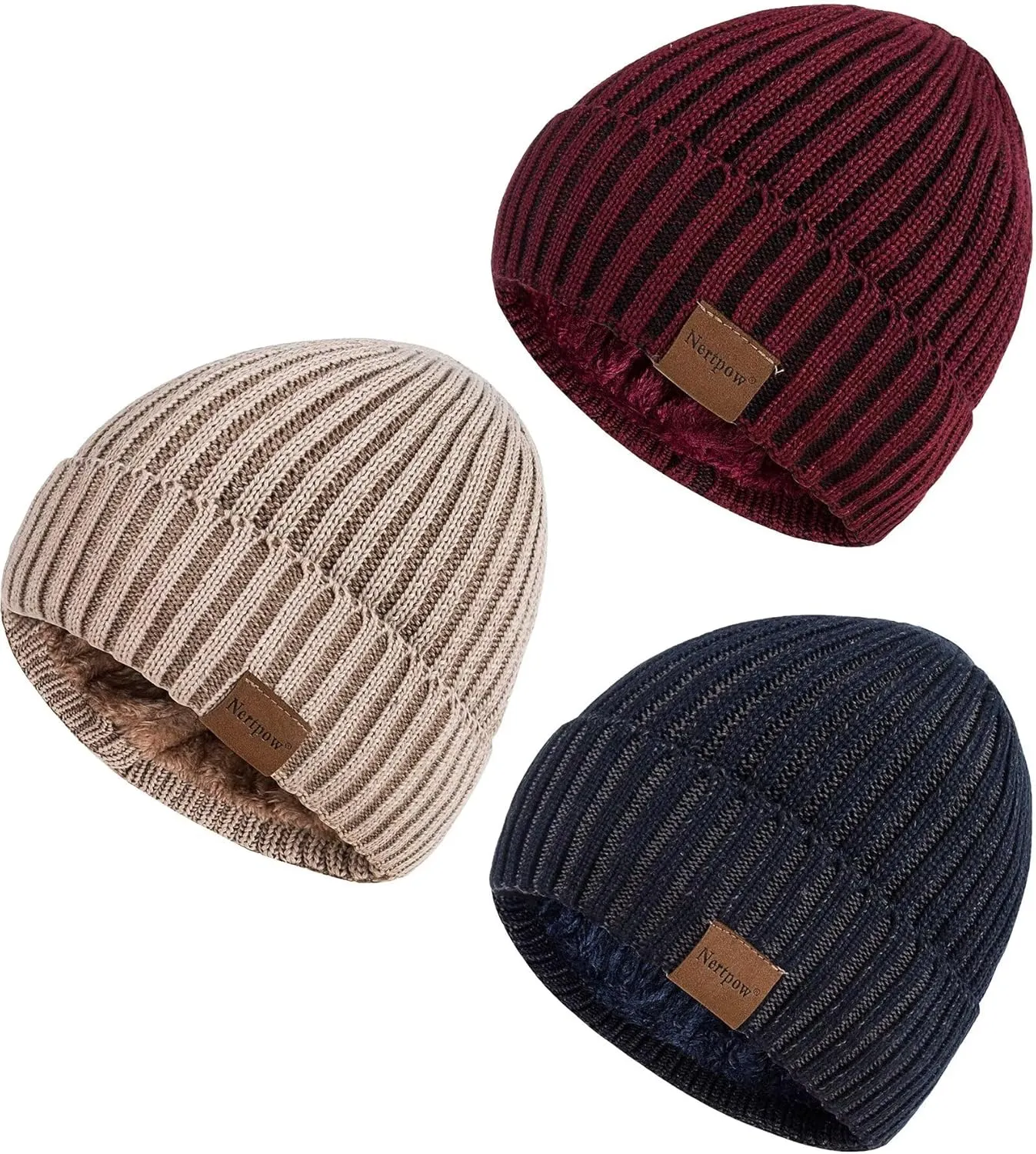 Nertpow Mens Beanie Hats 3 Pack, Winter Hats for Men Women Warm Thermal Fleece Lined, Thick Knit Fashion Skull Cap Cuffed Beanie for Guys (Color-04)