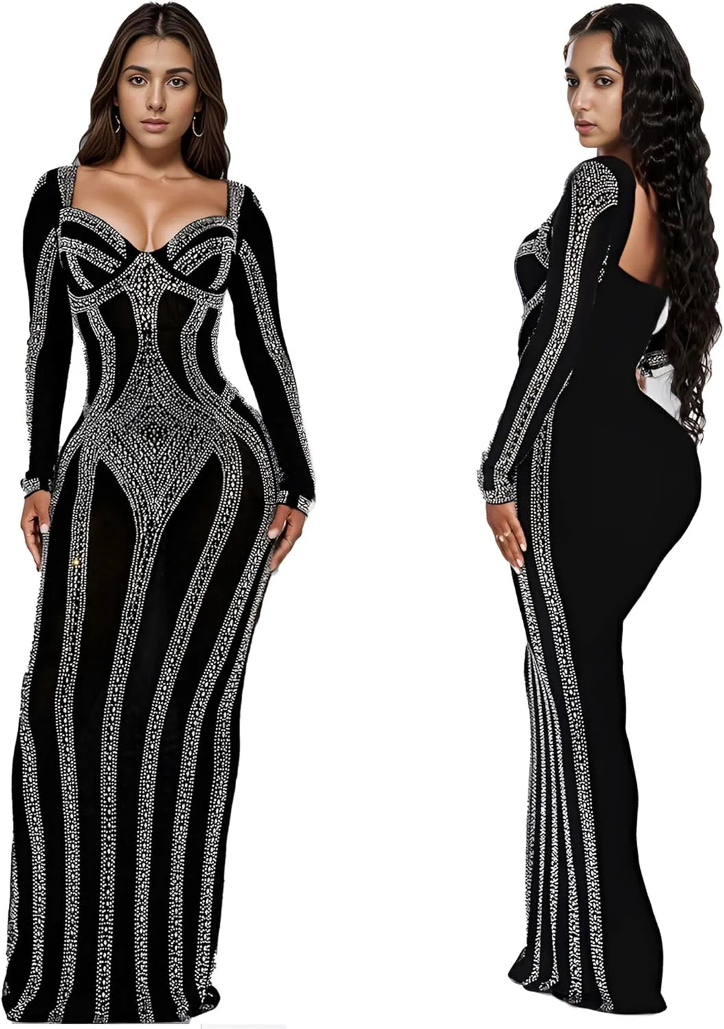 PORRCEY Women Sexy Elegant Rhinestone Mesh See Through Dress Hot Drilling Party Club Night Outfits
