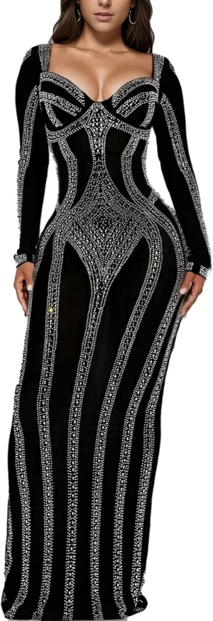 PORRCEY Women Sexy Elegant Rhinestone Mesh See Through Dress Hot Drilling Party Club Night Outfits