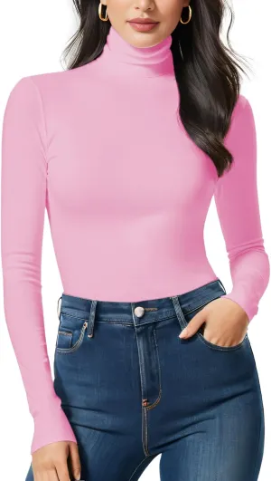 Women Turtleneck Long Sleeve Ribbed Fitted Thermal Base Layer Top