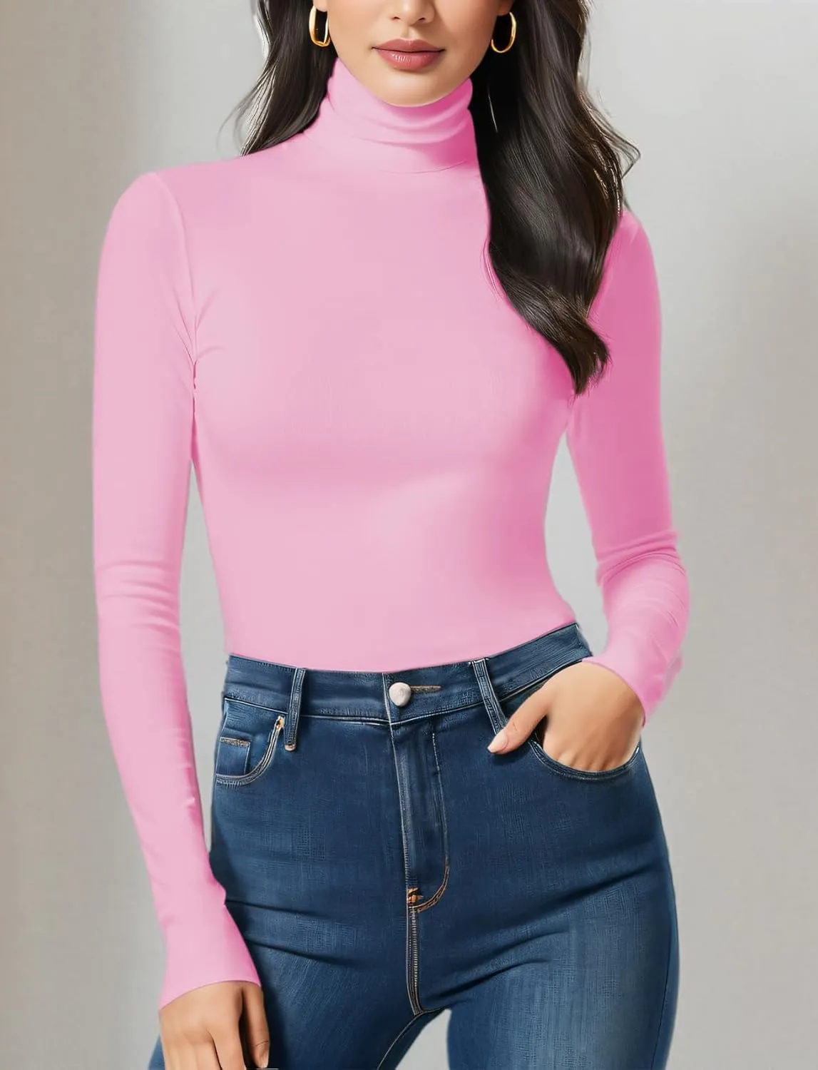 Women Turtleneck Long Sleeve Ribbed Fitted Thermal Base Layer Top