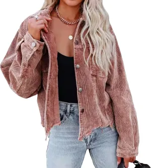 Womens Corduroy Jackets - Y2K Cropped Casual Button Down Jacket Retro Washed Frayed Hem Shacket Coat