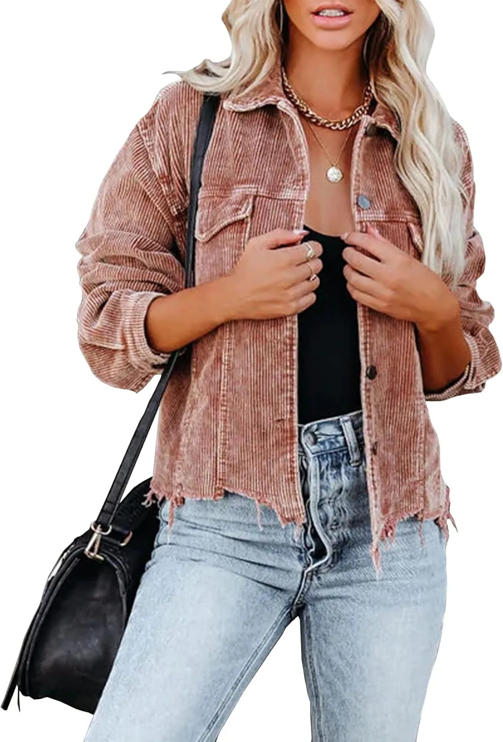 Womens Corduroy Jackets - Y2K Cropped Casual Button Down Jacket Retro Washed Frayed Hem Shacket Coat