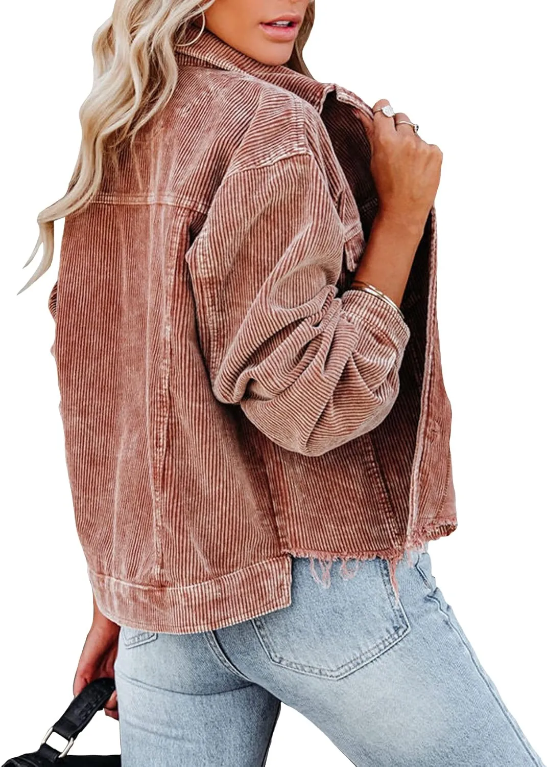 Womens Corduroy Jackets - Y2K Cropped Casual Button Down Jacket Retro Washed Frayed Hem Shacket Coat