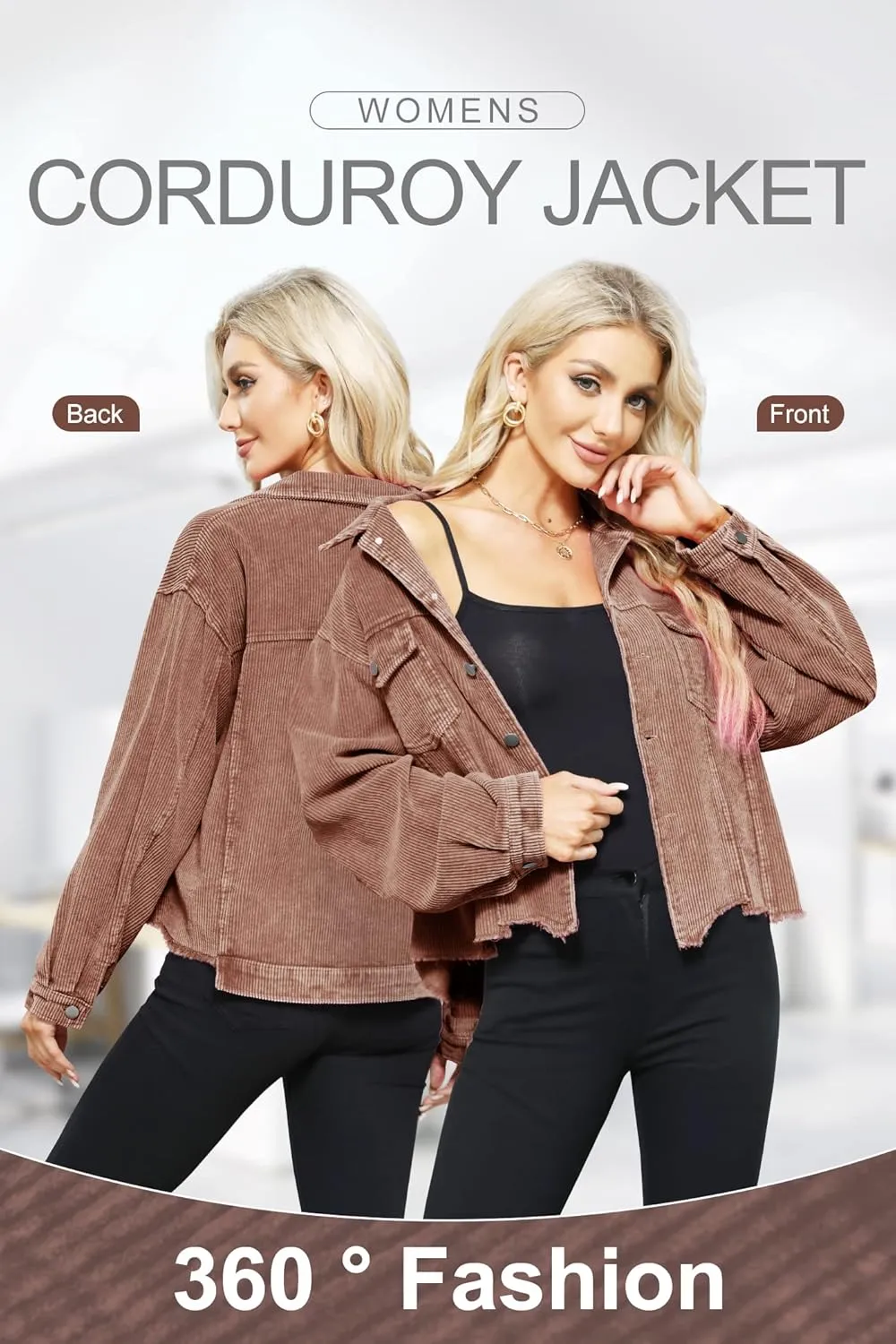 Womens Corduroy Jackets - Y2K Cropped Casual Button Down Jacket Retro Washed Frayed Hem Shacket Coat