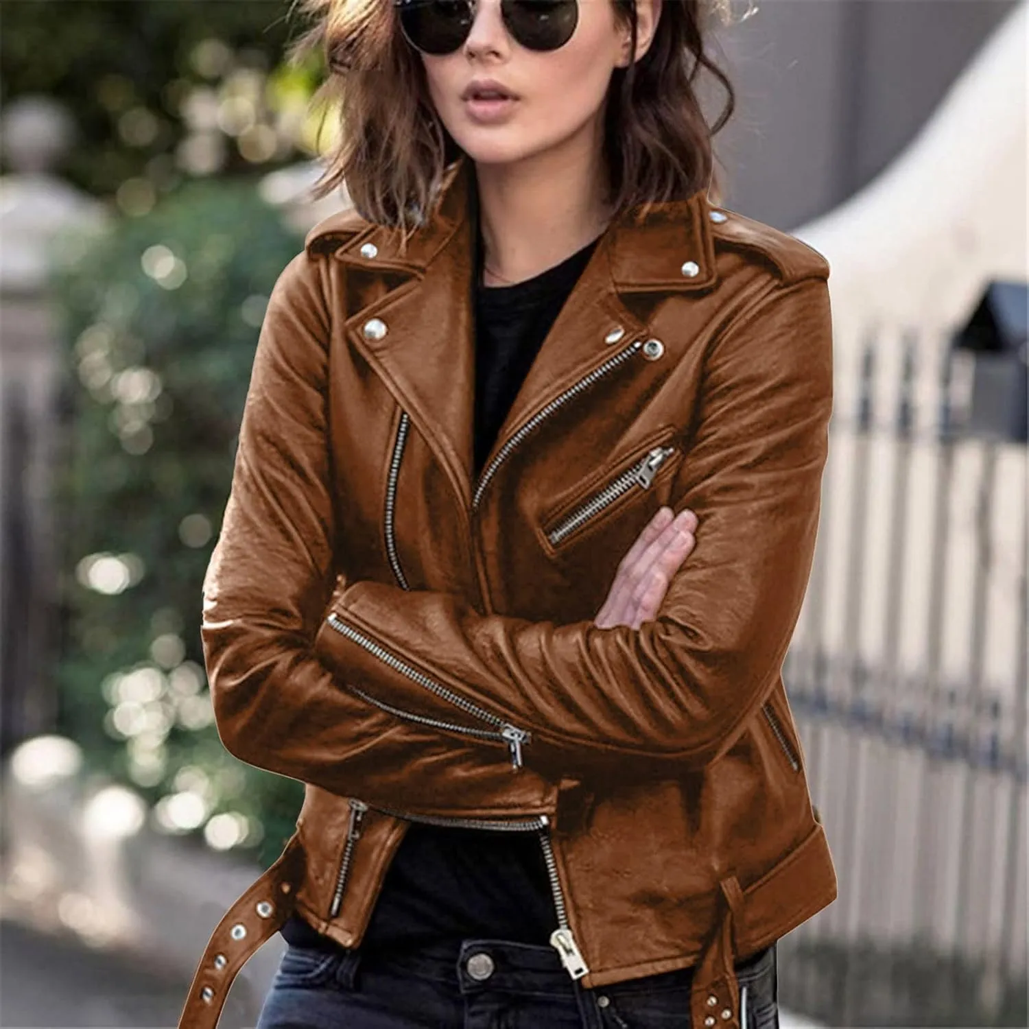 Women'S Faux Leather Motocross Racer Jacket Plus Size Motorcycle Zipper Moto Biker Short Outerwear Coat Bomber Jacket