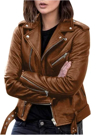 Women'S Faux Leather Motocross Racer Jacket Plus Size Motorcycle Zipper Moto Biker Short Outerwear Coat Bomber Jacket