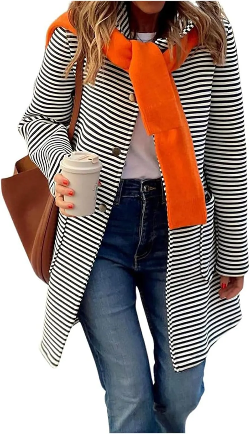 Womens Trench Coats with Hood Lightweight Lapel Button Down Striped Jacket Coat Casual Long Sleeve Outwear with Pocket
