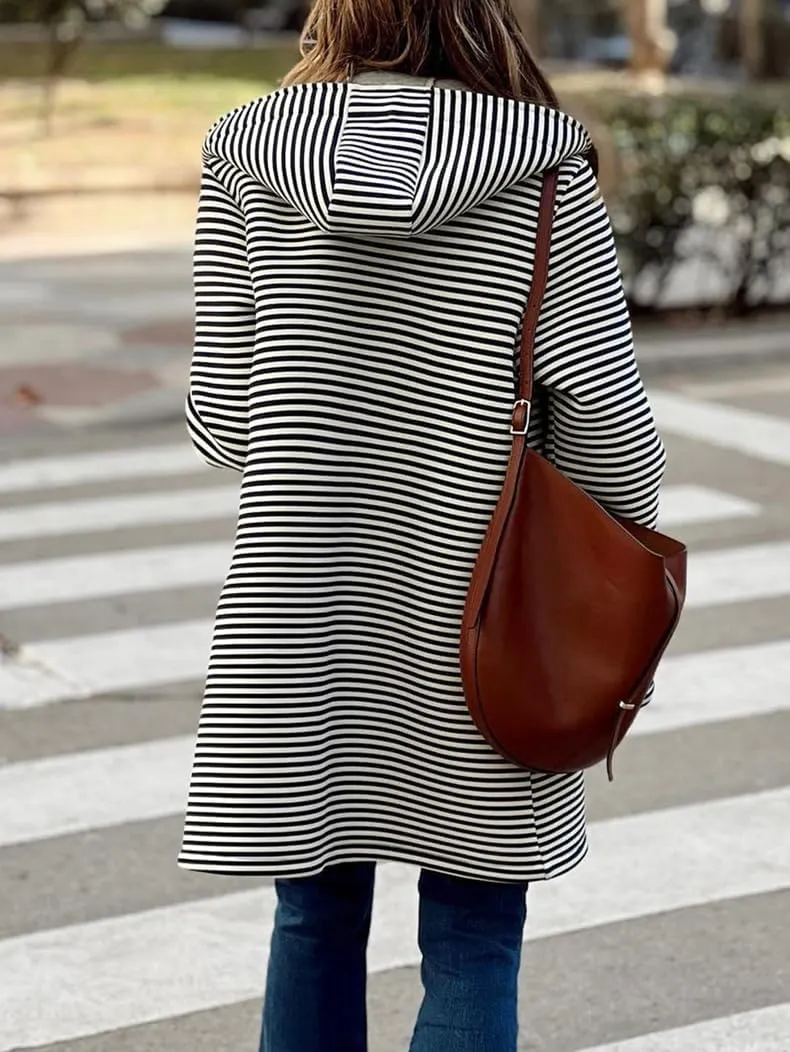 Womens Trench Coats with Hood Lightweight Lapel Button Down Striped Jacket Coat Casual Long Sleeve Outwear with Pocket