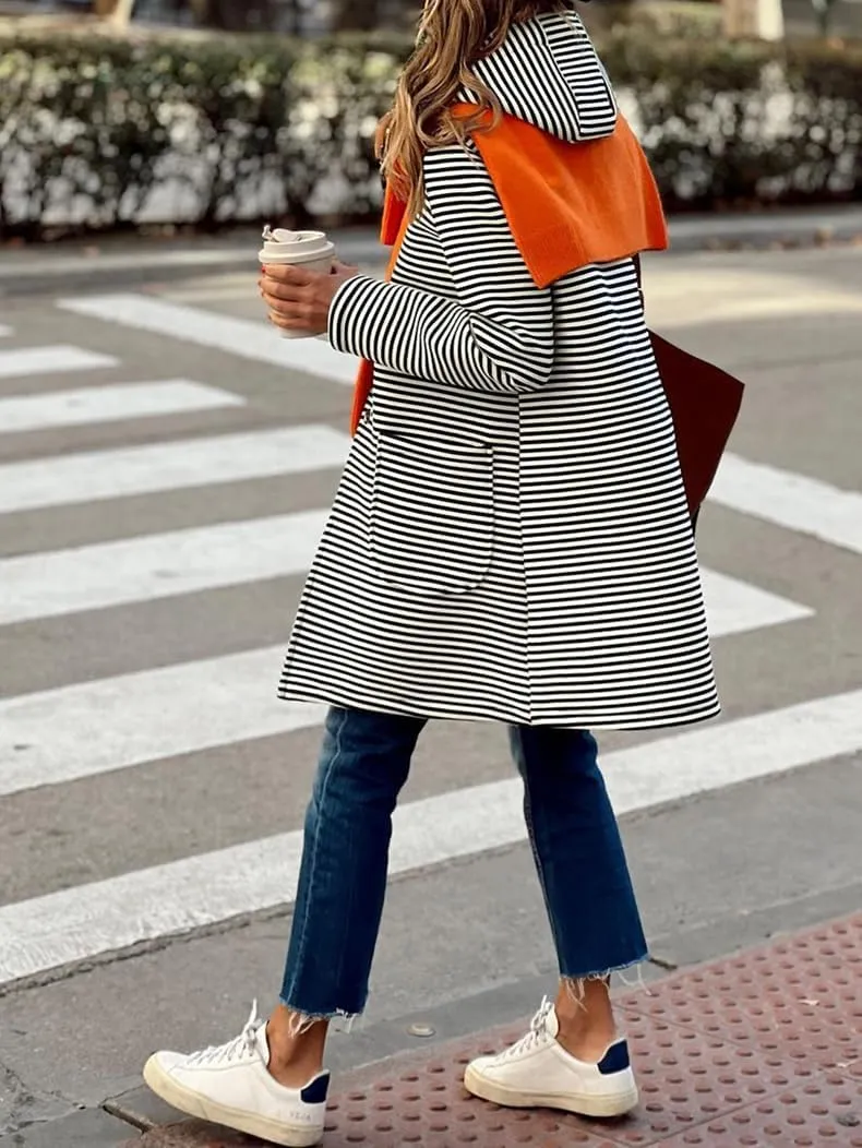 Womens Trench Coats with Hood Lightweight Lapel Button Down Striped Jacket Coat Casual Long Sleeve Outwear with Pocket