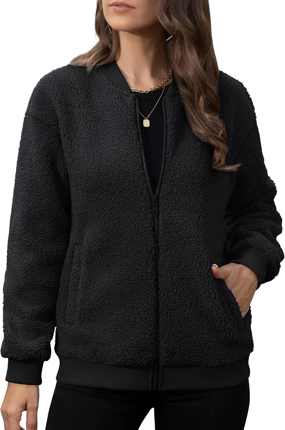 YUCOLEN Women's Fleece Bomber Jacket Trendy Full Zip Sherpa Jackets Warm Winter Coat with Pockets