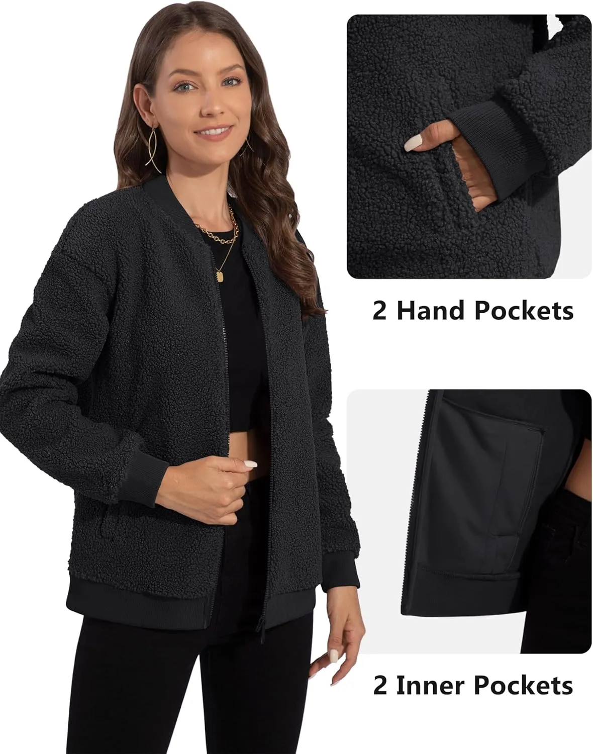 YUCOLEN Women's Fleece Bomber Jacket Trendy Full Zip Sherpa Jackets Warm Winter Coat with Pockets